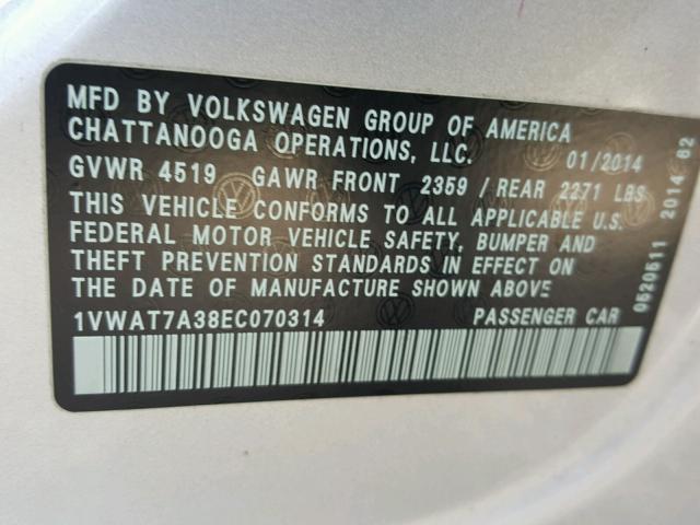 1VWAT7A38EC070314 - 2014 VOLKSWAGEN PASSAT S GRAY photo 10