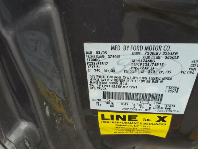 1FTPX14555FA91261 - 2005 FORD F150 CHARCOAL photo 10