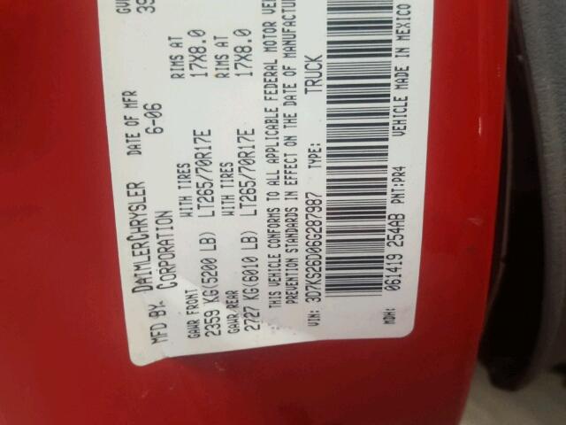 3D7KS26D06G287987 - 2006 DODGE RAM 2500 S RED photo 10
