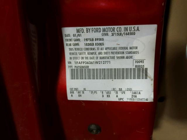 1FAFP36361W212771 - 2001 FORD FOCUS SE RED photo 10