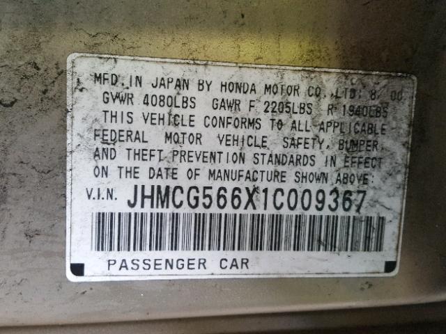 JHMCG566X1C009367 - 2001 HONDA ACCORD EX GOLD photo 10