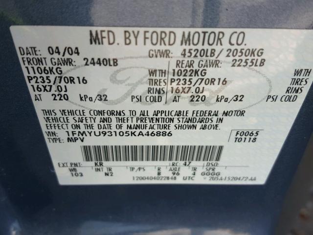 1FMYU93105KA46886 - 2005 FORD ESCAPE XLT TEAL photo 10