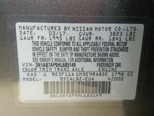 3N1AB7AP9HL685149 - 2017 NISSAN SENTRA S GRAY photo 10