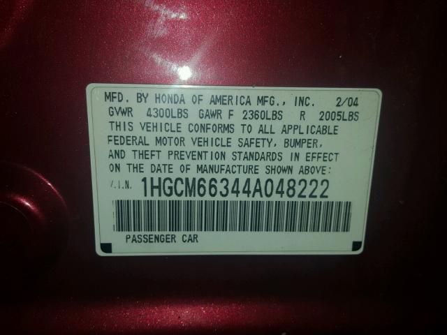 1HGCM66344A048222 - 2004 HONDA ACCORD LX RED photo 10