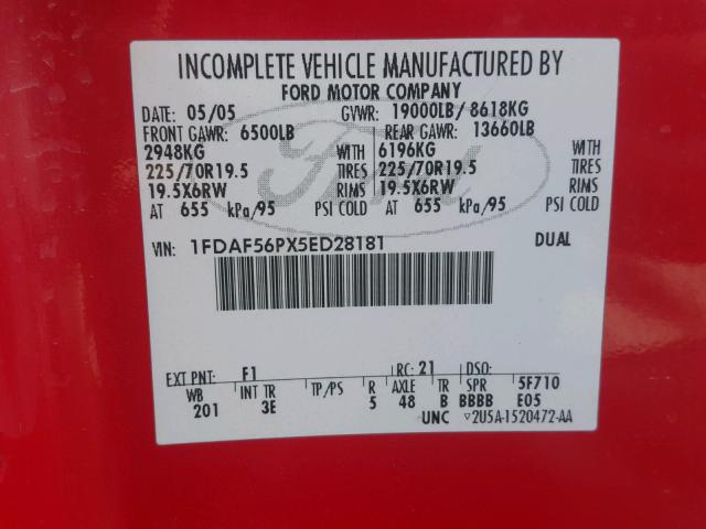 1FDAF56PX5ED28181 - 2005 FORD F550 SUPER RED photo 10