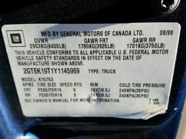 2GTEK19T1Y1145969 - 2000 GMC NEW SIERRA BLUE photo 10