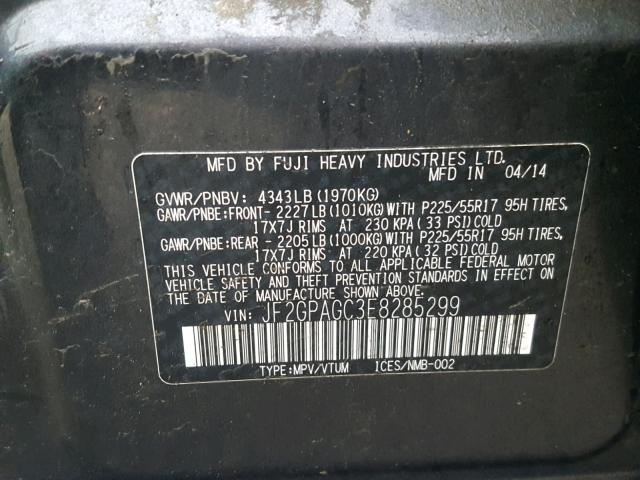 JF2GPAGC3E8285299 - 2014 SUBARU XV CROSSTR GRAY photo 10