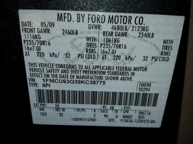 1FMCU93G39KC38775 - 2009 FORD ESCAPE XLT BLUE photo 10