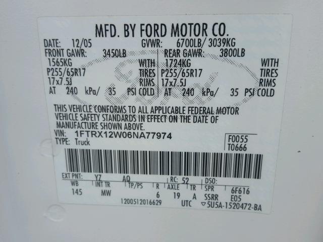 1FTRX12W06NA77974 - 2006 FORD F150 WHITE photo 10