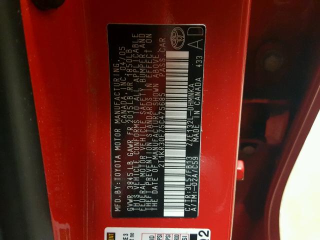 2T1KR30E75C475685 - 2005 TOYOTA COROLLA MA RED photo 10