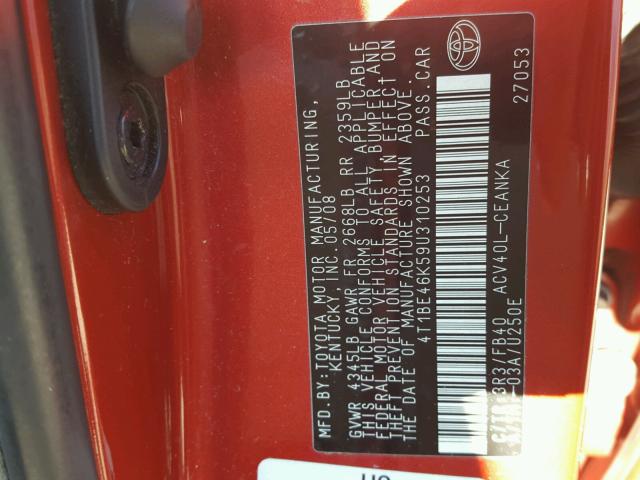 4T1BE46K59U310253 - 2009 TOYOTA CAMRY BASE RED photo 10