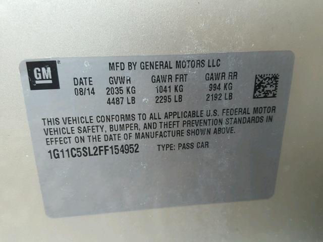 1G11C5SL2FF154952 - 2015 CHEVROLET MALIBU 1LT 米色 照片 10