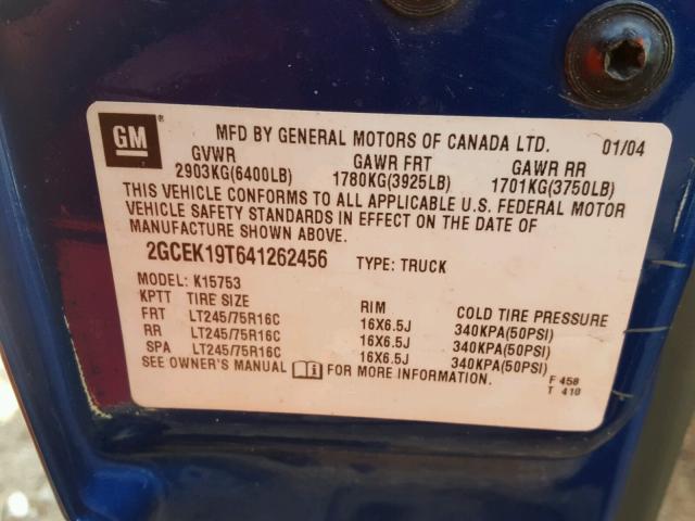 2GCEK19T641262456 - 2004 CHEVROLET SILVERADO BLUE photo 10