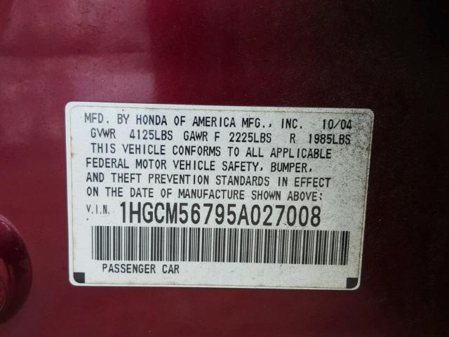 1HGCM56795A027008 - 2005 HONDA ACCORD EX MAROON photo 10