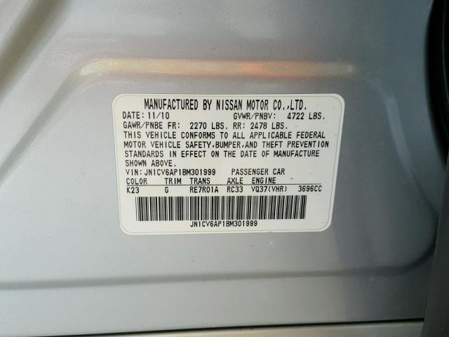 JN1CV6AP1BM301999 - 2011 INFINITI G37 BASE SILVER photo 10