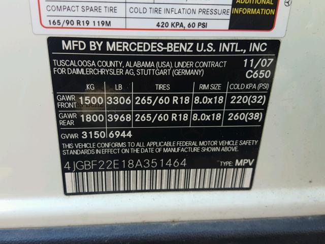 4JGBF22E18A351464 - 2008 MERCEDES-BENZ GL 320 CDI WHITE photo 10