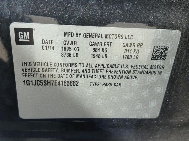 1G1JC5SH7E4165662 - 2014 CHEVROLET SONIC LT GRAY photo 10