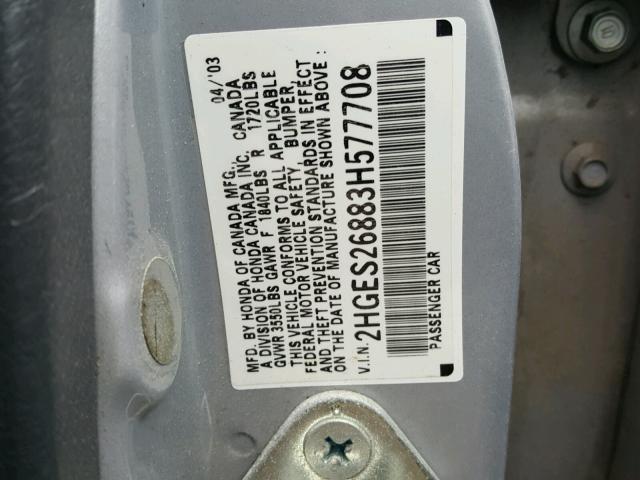 2HGES26883H577708 - 2003 HONDA CIVIC EX SILVER photo 10