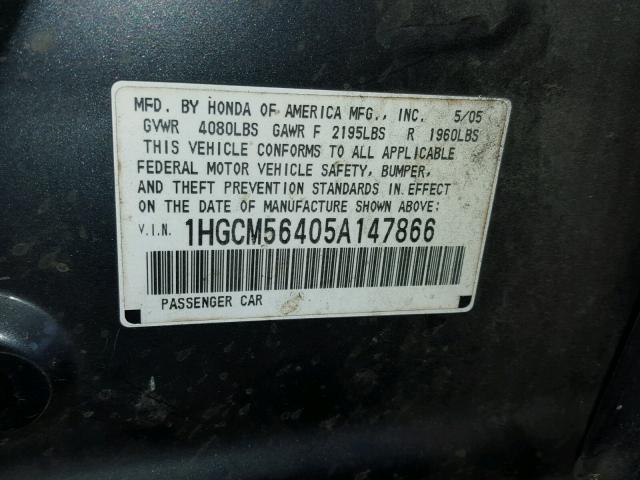 1HGCM56405A147866 - 2005 HONDA ACCORD LX GRAY photo 10