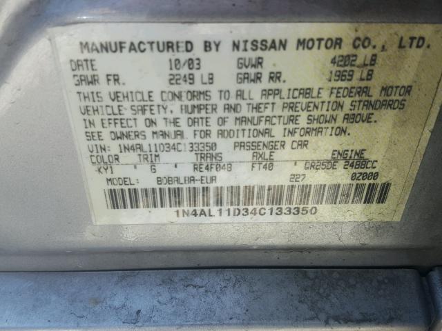 1N4AL11D34C133350 - 2004 NISSAN ALTIMA BAS SILVER photo 10