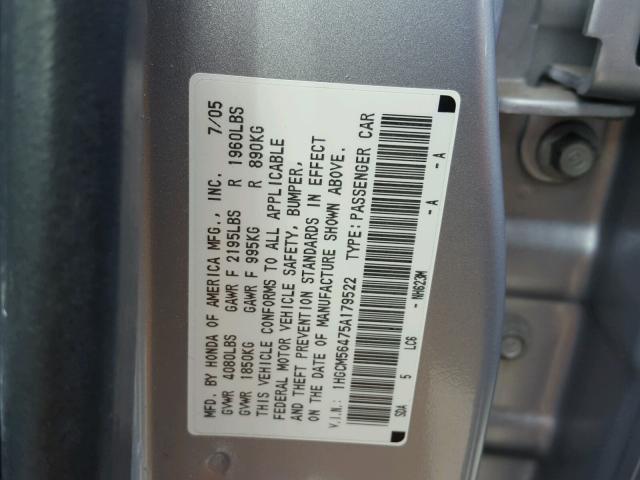 1HGCM56475A179522 - 2005 HONDA ACCORD LX SILVER photo 10