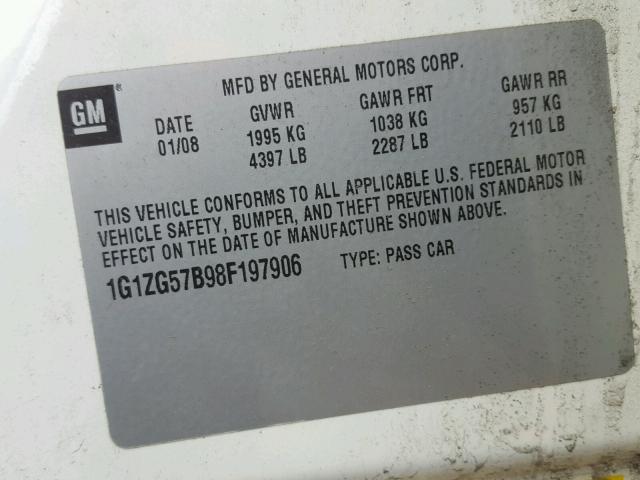 1G1ZG57B98F197906 - 2008 CHEVROLET MALIBU LS თეთრი ფოტო 10