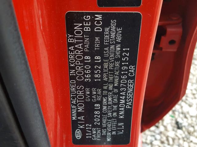 KNADM4A37D6191521 - 2013 KIA RIO LX RED photo 10