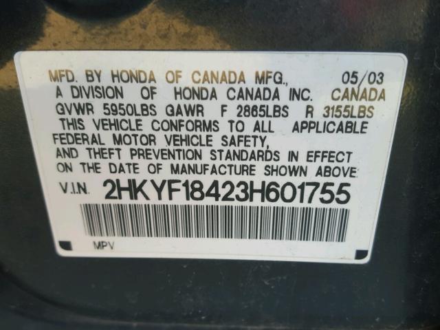 2HKYF18423H601755 - 2003 HONDA PILOT EX GREEN photo 10