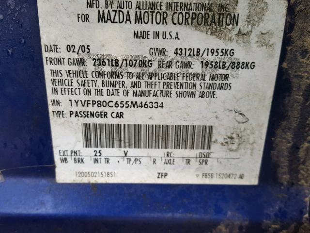 1YVFP80C655M46334 - 2005 MAZDA 6 I BLUE photo 10