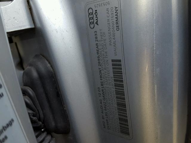 WAUML44E04N015920 - 2004 AUDI A8 L QUATT SILVER photo 10