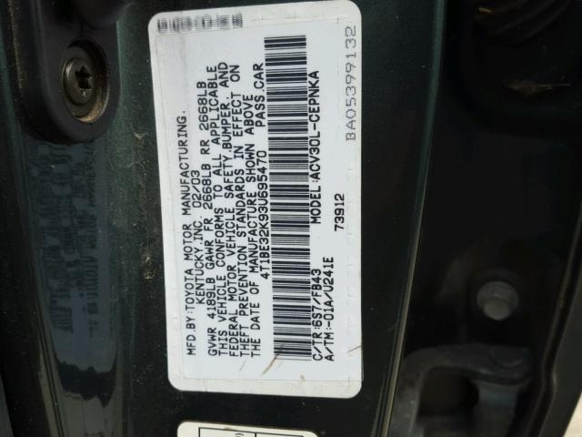 4T1BE32K93U695470 - 2003 TOYOTA CAMRY LE GREEN photo 10