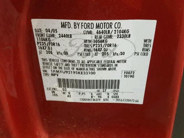 1FMYU93195KE33100 - 2005 FORD ESCAPE XLT RED photo 10