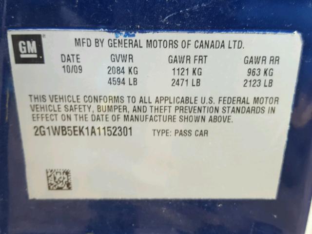 2G1WB5EK1A1152301 - 2010 CHEVROLET IMPALA LT BLUE photo 10