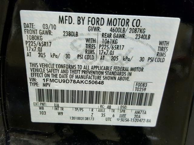 1FMCU9D78AKC50648 - 2010 FORD ESCAPE XLT BLACK photo 10