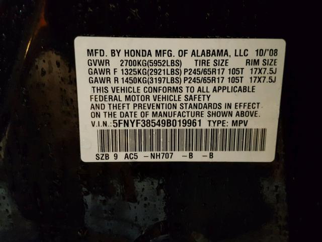 5FNYF38549B019961 - 2009 HONDA PILOT EXL BLACK photo 10