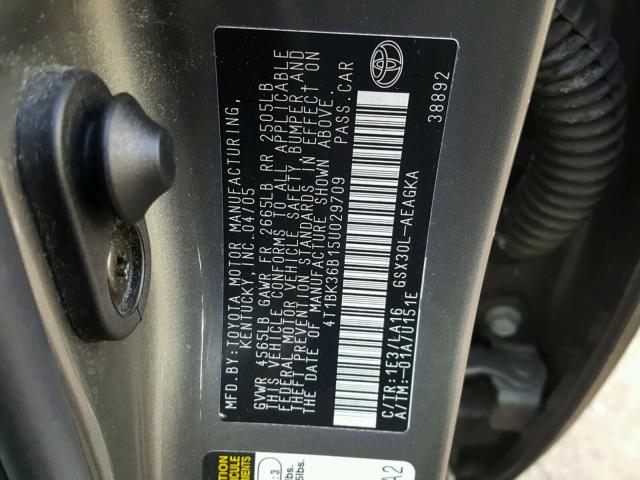 4T1BK36B15U029709 - 2005 TOYOTA AVALON XL GRAY photo 10