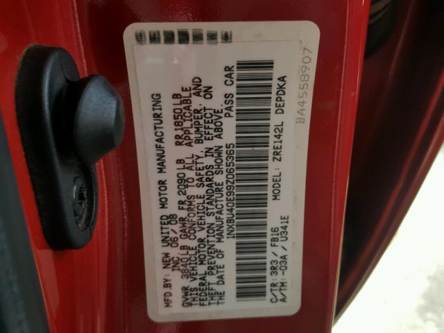 1NXBU40E99Z065365 - 2009 TOYOTA COROLLA BA RED photo 10