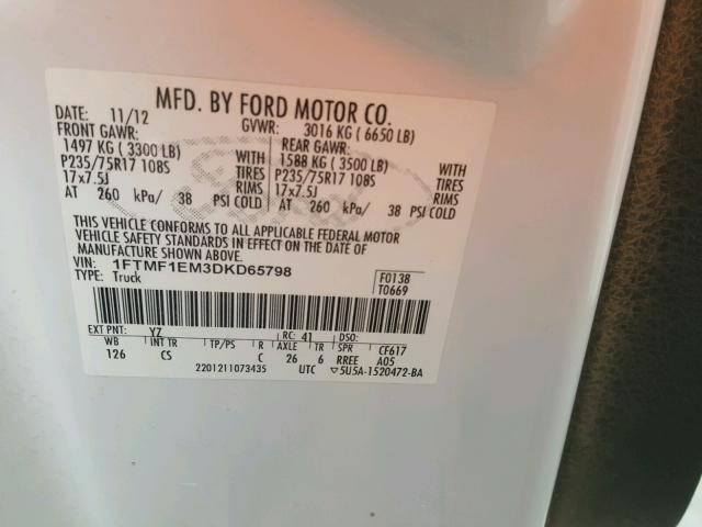 1FTMF1EM3DKD65798 - 2013 FORD F150 WHITE photo 10