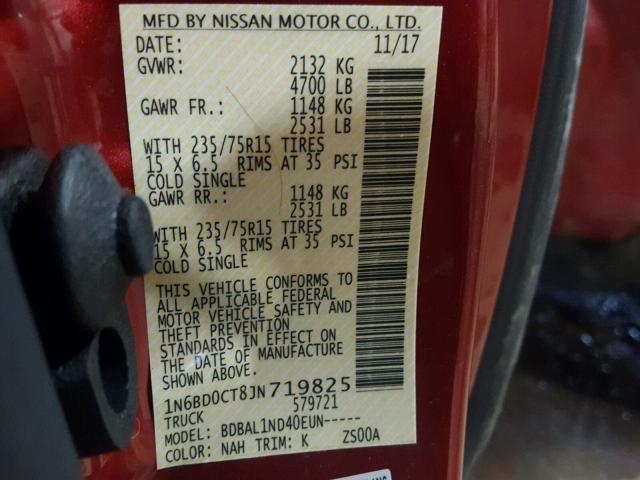 1N6BD0CT8JN719825 - 2018 NISSAN FRONTIER S RED photo 10