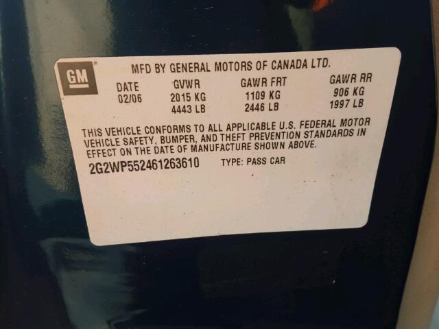 2G2WP552461263610 - 2006 PONTIAC GRAND PRIX ტალღისფერი ფოტო 10