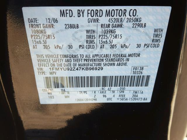 1FMYU92Z47KB96929 - 2007 FORD ESCAPE XLS BLACK photo 10