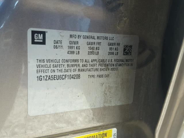 1G1ZA5EU6CF104208 - 2012 CHEVROLET MALIBU LS ნაცრისფერი ფოტო 10