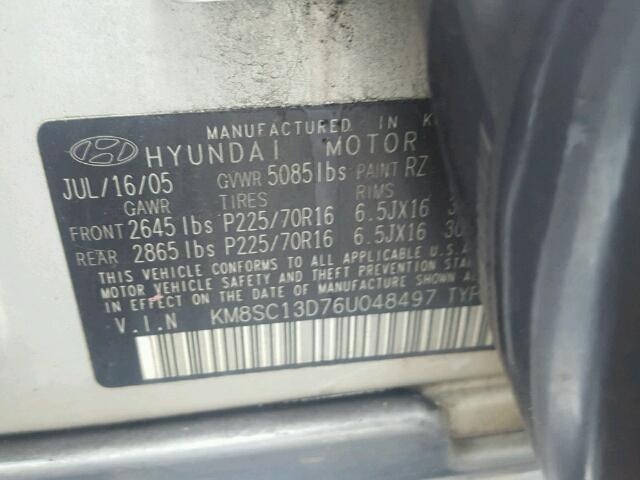 KM8SC13D76U048497 - 2006 HYUNDAI SANTA FE G SILVER photo 10