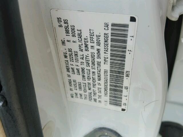 1HGCM56836A010781 - 2006 HONDA ACCORD EX WHITE photo 10