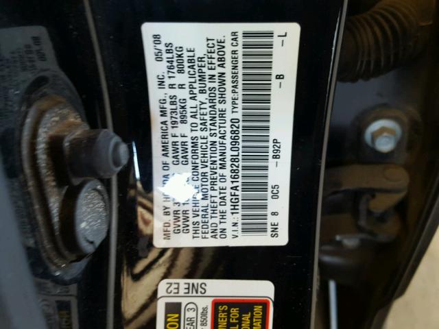 1HGFA16828L096820 - 2008 HONDA CIVIC EX შავი ფოტო 10