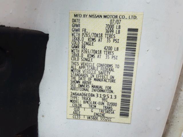 1N6AA06E08N319513 - 2008 NISSAN TITAN XE WHITE photo 10