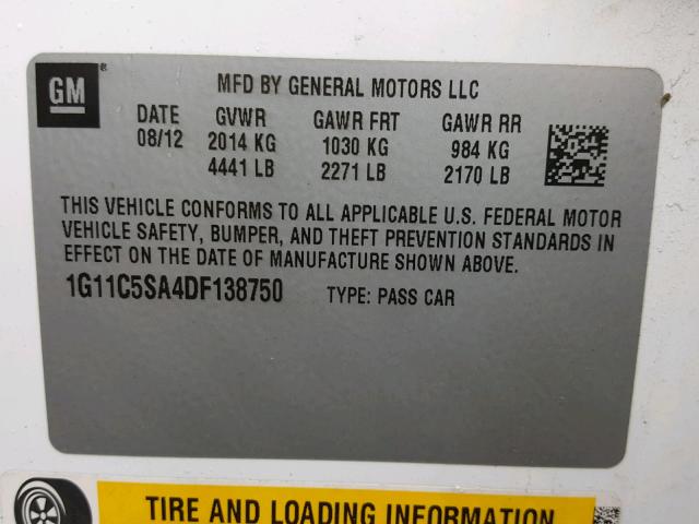 1G11C5SA4DF138750 - 2013 CHEVROLET MALIBU 1LT 白色 照片 10