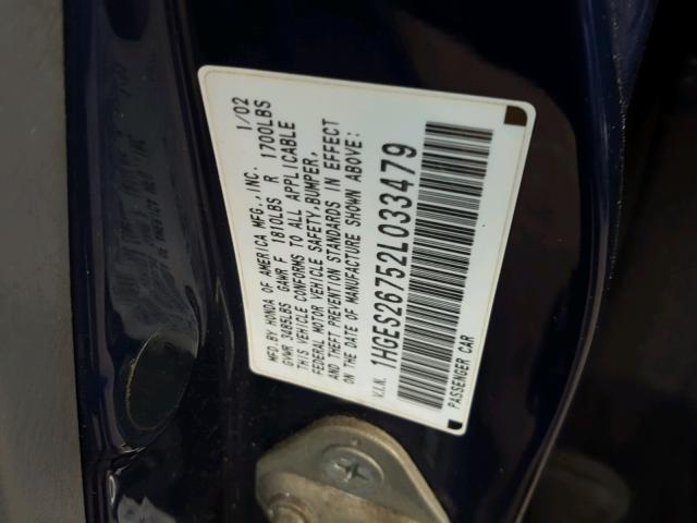 1HGES26752L033479 - 2002 HONDA CIVIC EX BLUE photo 10