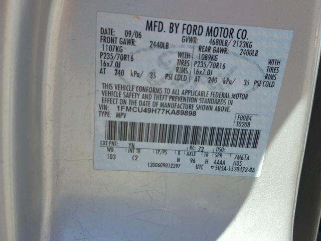 1FMCU49H77KA89898 - 2007 FORD ESCAPE HEV SILVER photo 10