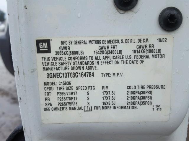 3GNEC13T03G164784 - 2003 CHEVROLET AVALANCHE WHITE photo 10